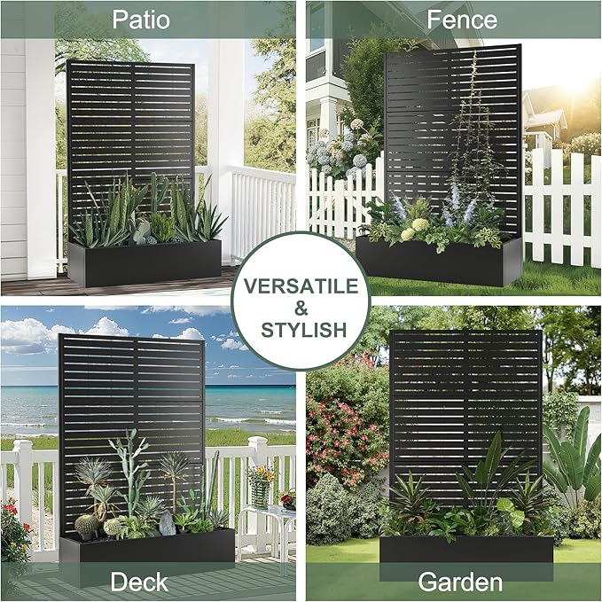 Metal Planter Box with Trellis Large Raised Garden Beds with Trellis for Climbing Vegetables Plants Privacy Screen Planter Box with Drainage Holes for Patio (47L×16W×71H Black Blinds)