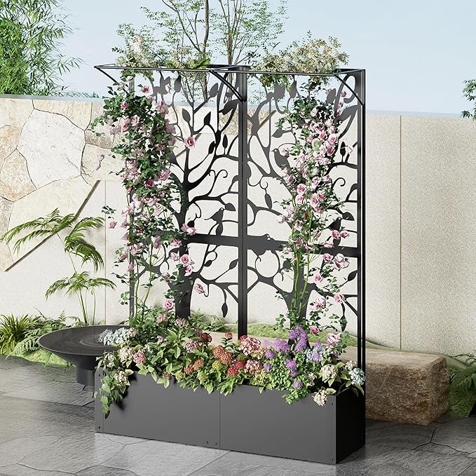 Metal Planter Box with Trellis Set of 2 Outdoor Privacy Planters for Patio Tall Raised Garden Bed for Climbing Plants Vegetables Fruits Balcony Outside 62.4 x 12.2 x 44.6 Inch 2PCS Black
