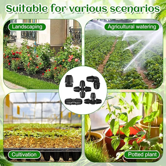 225 Pcs 1/4 Inch Tubing Irrigation Fittings Kit Locked Barbed Connectors Drip Irrigation Kit for 1/4 Inch Pipe (75 Couplings 75 Tees 30 Elbows 30 End Plugs 15 Four Way)
