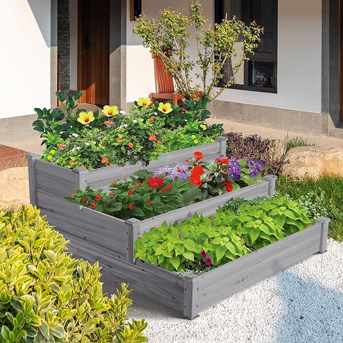 Yaheetech 3 Tier 47 x 47 x 22in Raised Garden Bed Horticulture Outdoor Elevated Flower Box Tiered Garden Bed Wooden Vegetables Growing Planter for Backyard/Patio/Gardener Gray