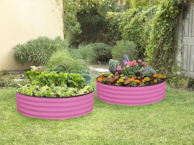 Round Galvanized Raised Garden Bed // 4×4×1 ft Galvanized Raised Garden Beds Outdoor for Gardening Vegetables Flowers // Patented Tool-Free Design Round Planter (Pink)