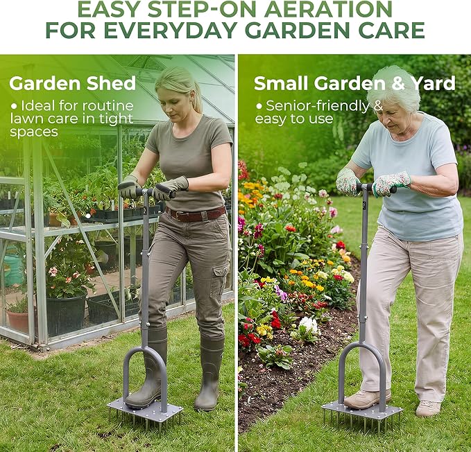 Walensee Four-Row Spike Lawn AeratorManual Heavy-Duty Steel Aerator Lawn Tool with 20 Sharp SpikesIdeal for Small YardsLawn EdgesSpot Seeding &amp Soil PrepBare Spots RepairGardening Aeration T