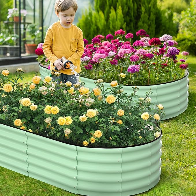 6x3x1 FT Oval Raised Garden Bed 2 Pcs Galvanized Raised Beds for Outdoor Planter Raised Boxes with Open-Ended BaseLarge Metal Raised Planter Beds for VegetablesFlowersTool-Free AssemblyGreen