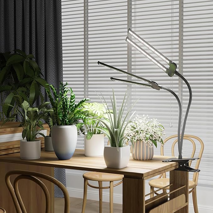 Juhefa LED Grow LightSuper Bright 6000K White Full Spectrum Clip Plant Growing Lamp with Rotatable Dual Head for Indoor Desk PlantsDimmable &amp Timer 4/8/12HHigh Power Output for Faster Growth2-