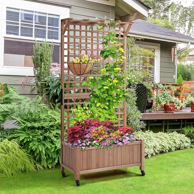Topeakmart Garden Flower Box for Vine Climbing Plants Standing Vertical Planter Box Wooden Raised Plant Bed Vertical Garden Planter Bed for Yard/Patio/Backyard Dark Brown 35.5″ L × 18″ W × 72″ H