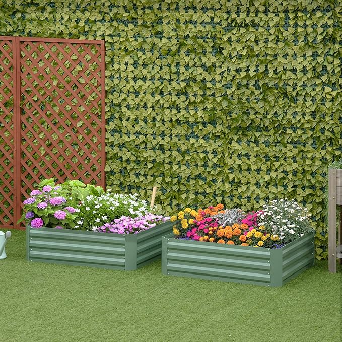 2 Pcs Galvanized Raised Garden Bed 3.3' x 3.3' x 1' Metal Planter Box for Growing Vegetables Flowers Herbs Succulents Green