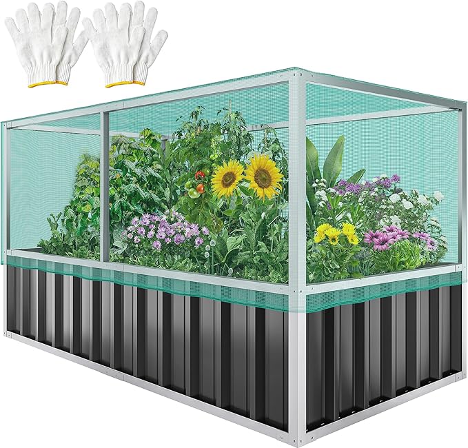 YITAHOME 5.7x3x2.3FT Large Raised Garden Bed with Anti Bird Protection Netting Structure Outdoor Steel Metal Patio Planter Box with Gloves &amp Reinforced Frame for Plants Vegetables Flowers (Dark G