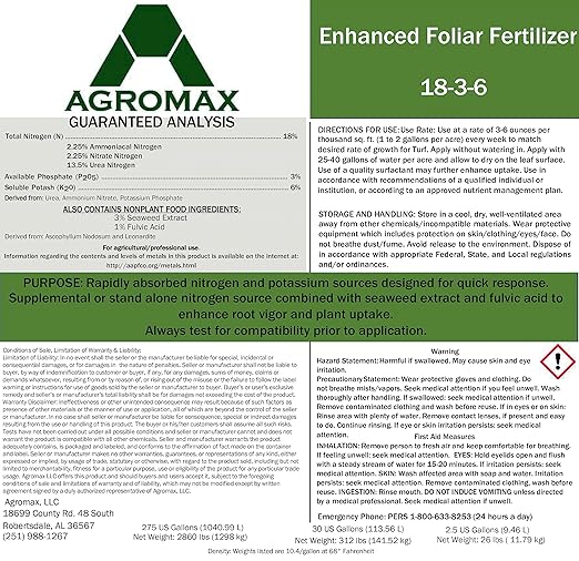 18-3-6 Liquid Fertilizer (1 Gallon) by AGROMAX - Turf Grass and Lawn Liquid Fertilizer Enhanced with Micronutrients Seaweed Extract and Fulvic Acid.