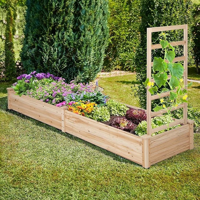Giantex Raised Garden Bed with Trellis 93 L x 25 W x 40 H Wood Planter Box for Vegetables Flowers Herbs Fruits Climbing Plants Cucumber Easy Assembly Outdoor Rectangular Floor Gardening Beds