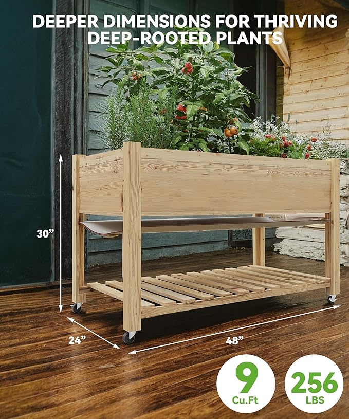 Heavys Duty 48x24x32 Inch Raised Garden Bed with Lockable Wheels Elevated Planter Box for Vegetables Herbs &amp Flowers - Mobile Design Built-in Storage Shelf Weather-Resistant Liner for Patio D