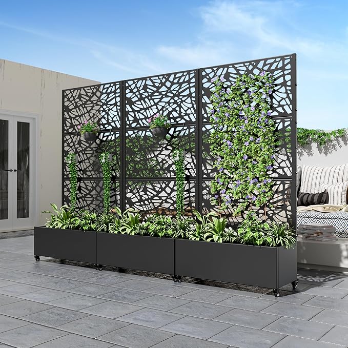 Casaphoria Metal Raised Garden Bed with Trellis and Wheels 72x35x16 Planter Box for Climbing Plants Vegetables &amp Vines Features Drainage Holes and Privacy Screen (Black-Net)