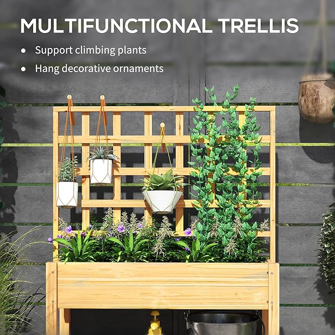 Outsunny Wooden Raised Garden Bed with Trellis Elevated Planter Box with Storage Shelf Outdoor Flower Box for Vegetables Flowers Herbs