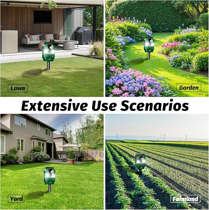 Solar-Powered Ultrasonic Animal Repellent with Motion Sensor Perfect for Outdoor Yards Deer Repellent Device with LED Flashing Lights Effective to Repel Deer Coyotes Raccoons and Cats