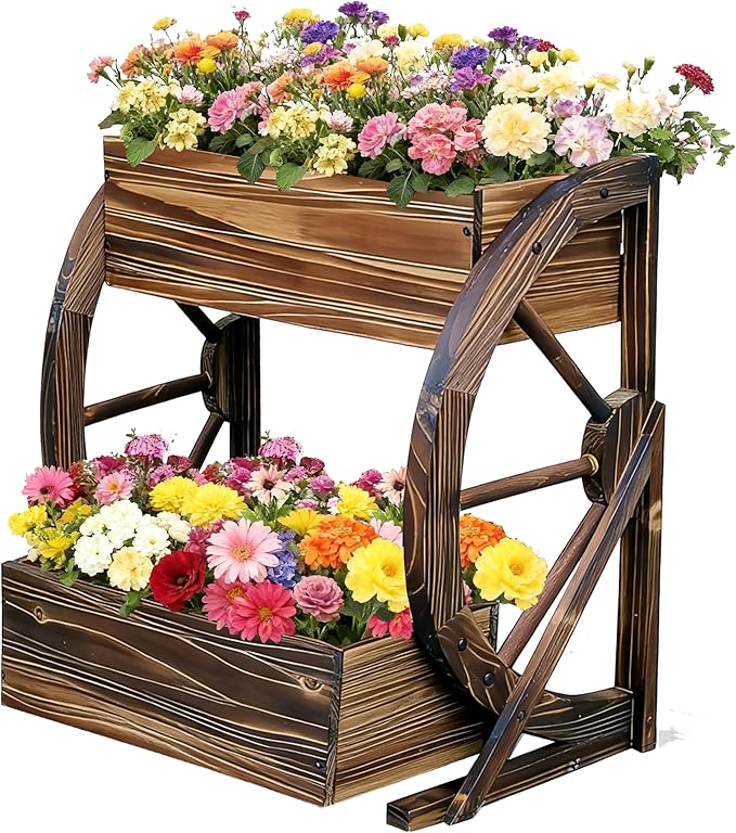 Wooden Wagon Garden Planter Box with Wheels-Indoor/Outdoor Decor for Patio Backyard Balcony-Country Farmhouse Flower Box-2 Tier Rustic Garden Raised Bed for Flowers Herbs Vegetables