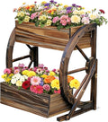 Wooden Wagon Garden Planter Box with Wheels-Indoor/Outdoor Decor for Patio Backyard Balcony-Country Farmhouse Flower Box-2 Tier Rustic Garden Raised Bed for Flowers Herbs Vegetables