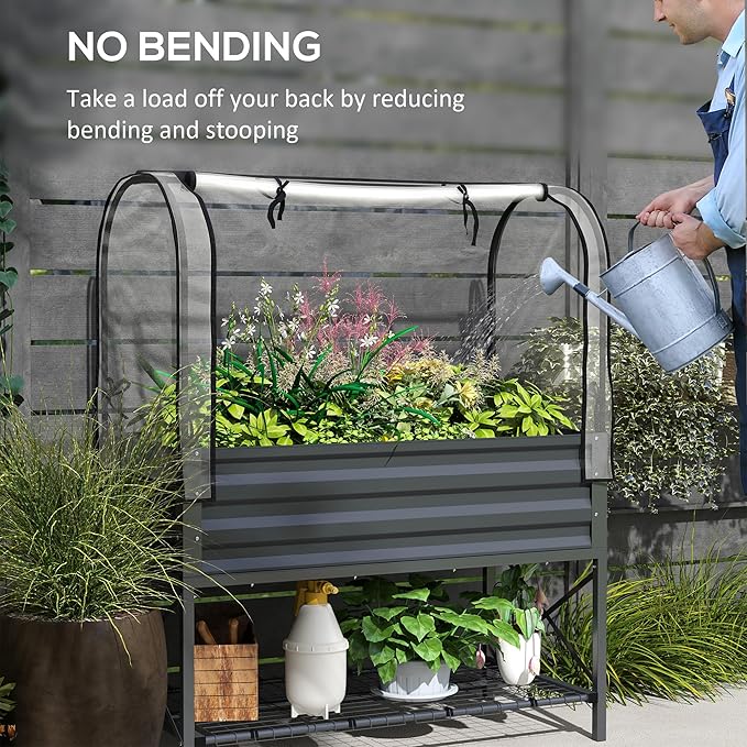 Outsunny Raised Garden Bed with Cover and Storage Shelf Rectangular Metal Elevated Planter Box with Legs and Bed Liner for Vegetables Flowers Herbs Dark Gray
