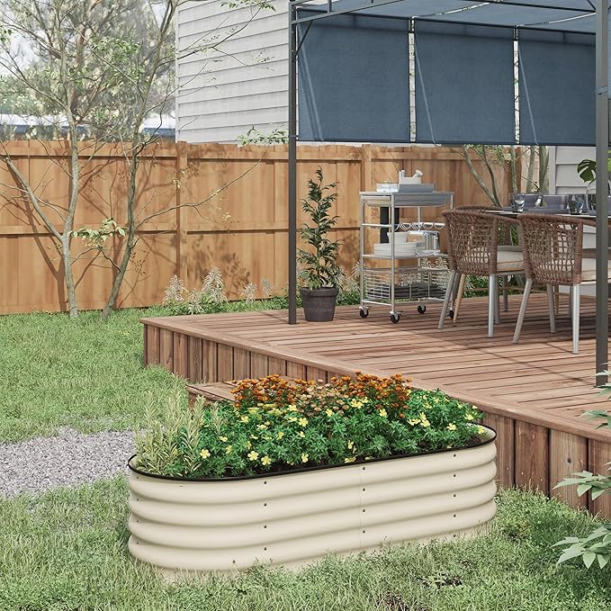 4.9' x 2' x 1.4' Galvanized Raised Garden Bed Kit Outdoor Metal Elevated Planter Box with Safety Edging Easy DIY Stock Tank for Growing Flowers Herbs Vegetables Cream
