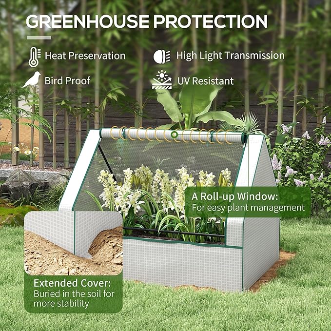 Outsunny 4 x 3 x 1ft Raised Garden Bed with Mini Greenhouse Galvanized Outdoor Planter Box with Cover for Herbs and Vegetables Use for Patio Garden Balcony White Cover and Silver Planter