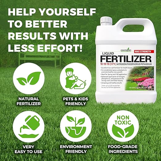 Covington 10-10-10 NPK Liquid Fertilizer (32oz) All Purpose Liquid 10 10 10 NPK - Lawn Food with Nitrogen Phosphorus Potassium Concentrate for Lawns Outdoor &amp Indoor Plants Vegetable Gardens