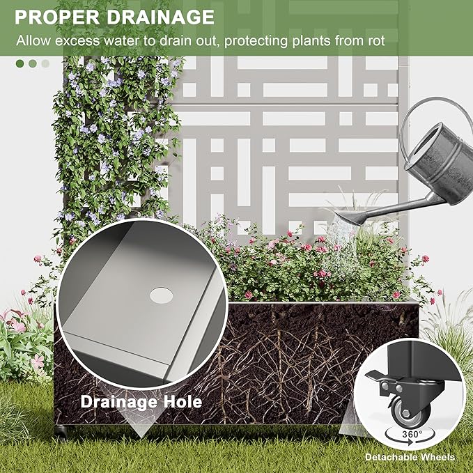 Casaphoria Metal Raised Garden Bed with Trellis and Wheels 72x35x16 Planter Box for Climbing Plants Vegetables &amp Vines Features Drainage Holes and Privacy Screen (Grey-Helen)