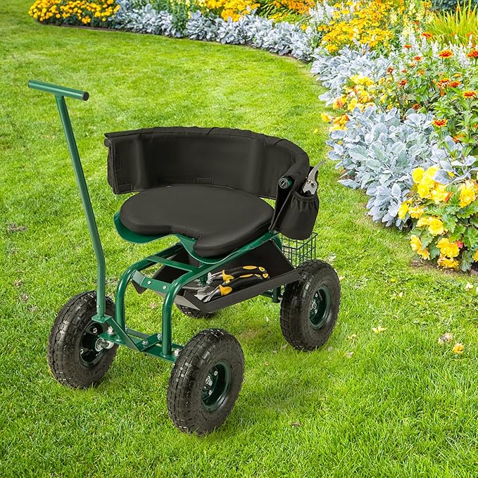 Goplus Rolling Garden Seat with Wheels Outdoor Garden Cart with 360° Swivel Seat &amp Tool Storage 2 Steering Handles Gardening Stool Wagon Scooter Lawn Patio Gardening Workseat for Seniors
