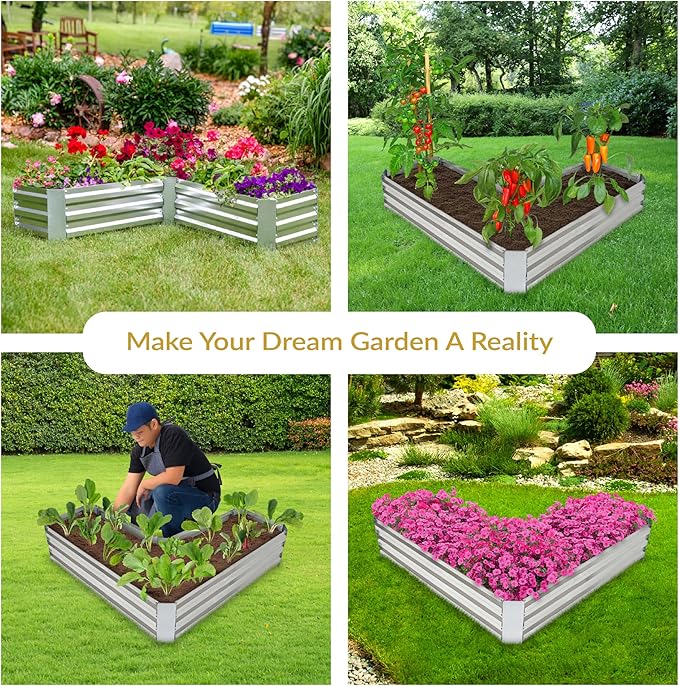 Sunnydaze Silver Galvanized Raised Garden Beds - 12” H L-Shaped and 48 W x 24 D x 12 H Rectangle