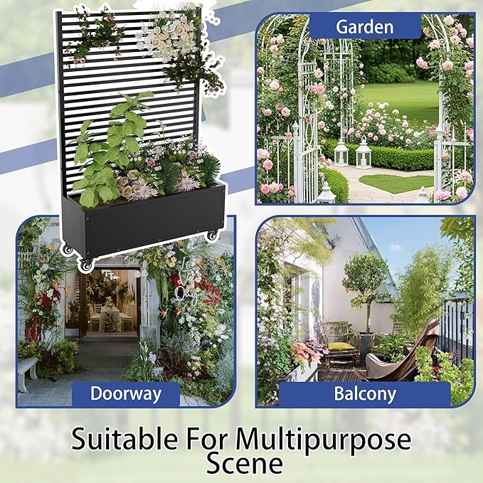 Planter Box with TrellisRaised Garden Bed with TrellisPrivacy Planters for Patio with Drainage Holes &amp Lockable Casters for Climbing PlantsVegetables and Vines