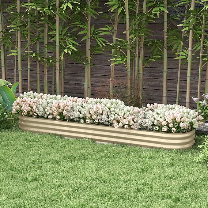 7.9' x 2' x 1' Galvanized Raised Garden Bed Kit Outdoor Metal Elevated Planter Box with Safety Edging Easy DIY Stock Tank for Growing Flowers Herbs Vegetables Cream
