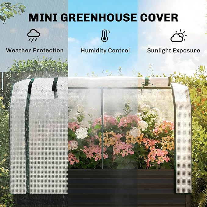 Outsunny Galvanised Raised Garden Bed with Greenhouse Cover Metal Elevated Garden Bed with Legs Bed Liner and Bottom Shelf Outdoor Raised Planter Box for Vegetables Herbs Flowers Black
