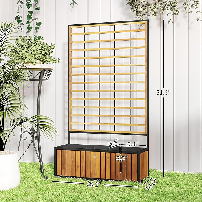 Outsunny Wooden Raised Garden Bed with Trellis Removable Pots Drainage Holes for Climbing Vines Vegetables Flowers Raised Planter Box for Backyard Patio Balcony 29 x 11 x 52 in. Teak