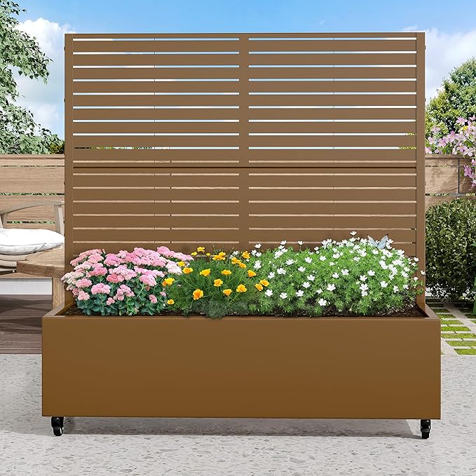 47x47x16 Metal Raised Garden Bed with Trellis Trellis with Planter Box for Backyard Patio Balcony Climbing Plants Brown Classic Shutter