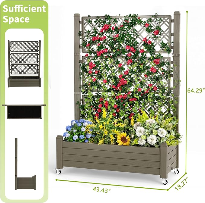Elevated Raised Garden Bed with TrellisOutdoor Large Resin Patio Planter Box with Lockable Wheels Drain PlugWater Monitor for Plants Vegetables Flowers Fruits (Grey 43.43 * 18.27 * 64.29)