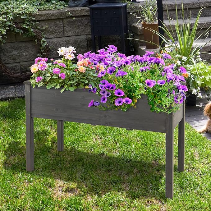 RELAX4LIFE Raised Garden Bed 48x22x30 Inch Planter Boxes Outdoor Wooden Elevated Garden Box w/Legs 4 Drainage Holes for Growing Vegetable Elevated Garden Bed for Backyard Patio Balcony Grey
