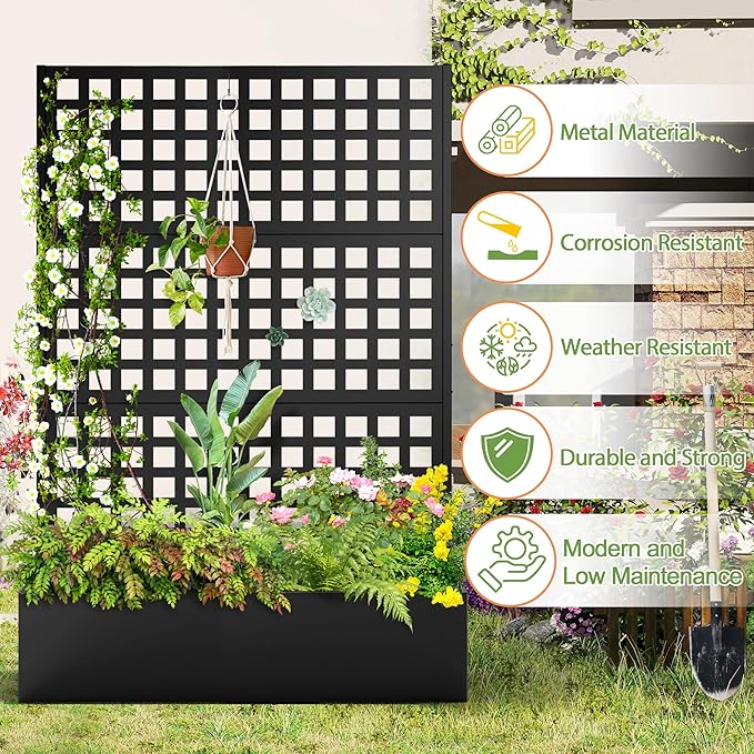 Metal Raised Garden Bed Trellis Planters Bed with Drainage Holes for Climbing Plants Vegetables Outdoor Privacy Screen with Planter Box 73x47x16 Black