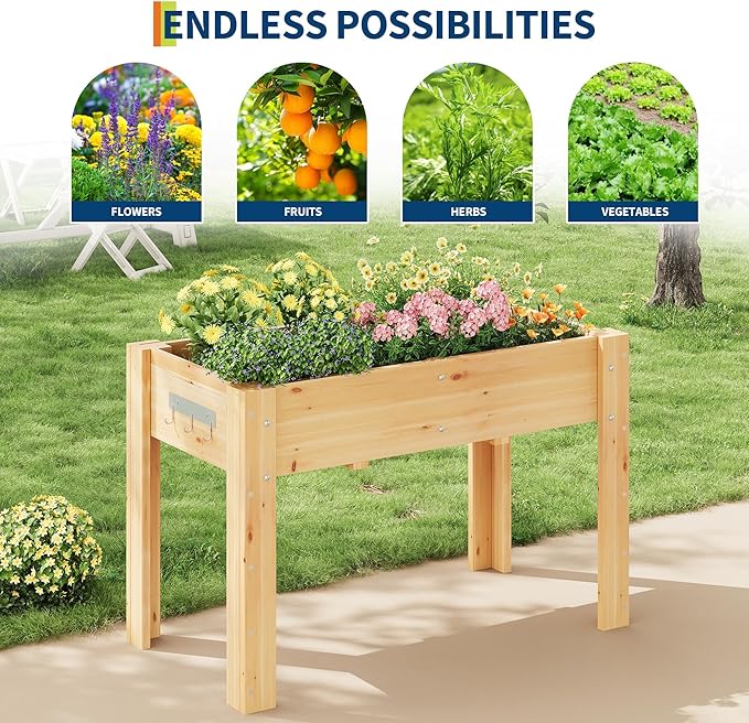 Raised Garden Bed Wooden Elevated Garden Bed with Legs Large Planter Boxes Outdoor for Vegetables and Herbs Natural Wood Raised Beds for Gardening and Flowers Natural Wood - 4x2.5x1.8ft