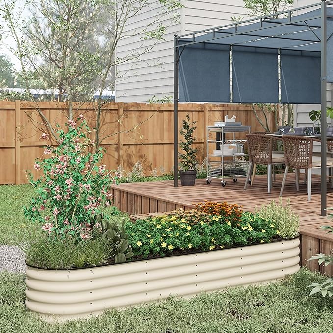 7.9' x 2' x 1.4' Galvanized Raised Garden Bed Kit Outdoor Metal Elevated Planter Box with Safety Edging Easy DIY Stock Tank for Growing Flowers Herbs &amp Vegetables Cream