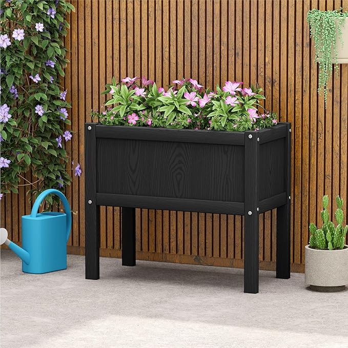 HDPE Raised Garden Bed with Legs All-Weather Outdoor Planter Box Easy to Assemble Drainage System Low Maintenance Non-Fading for Flower/Herb/Seed (Black)