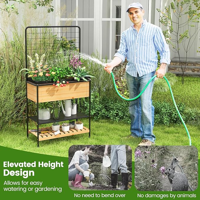 HAPPYGRILL Outdoor Raised Garden Bed 59” Wooden Elevated Planter Box w/Open Storage Shelves Removable Grid Divider Drain Holes &amp Black Liner Raised Garden Bed w/Legs &amp Trellis for Vegetabl