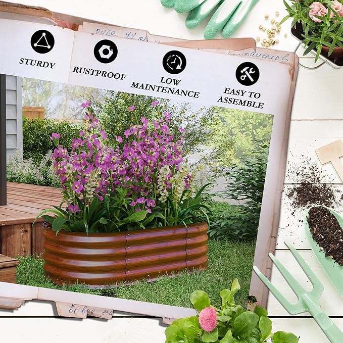 Galvanized Raised Garden Bed Kit Outdoor Metal Elevated Planter Box with Safety Edging Easy DIY Stock Tank for Growing Flowers Herbs &amp Vegetables Brown (3.5' x 2' x 1')