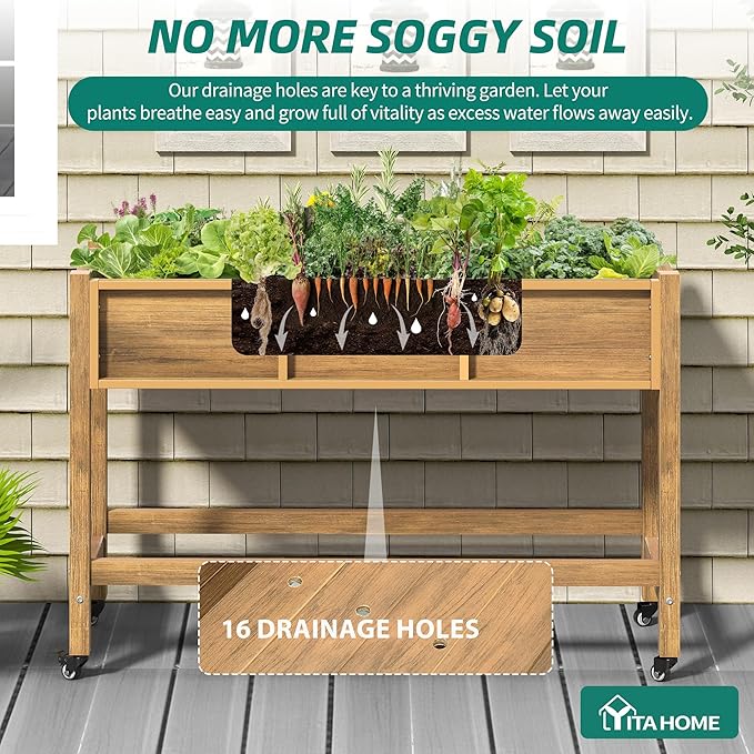 YITAHOME Raised Garden Bed HDPE 47x18x31In Poly-Wood Weather-Resistant Raised Flower Bed Elevated Planter Box with Lockable Wheels for Vegetables Brown