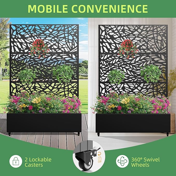 Casaphoria Metal Raised Garden Bed with Trellis and Wheels 72x 47x 16 Planter Box for Climbing Plants Vegetables &amp Vines Features Drainage Holes and Privacy ScreenBlack(Black-Spring&ampNet