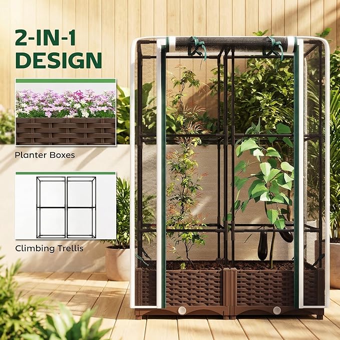 Outsunny Raised Garden Bed with Trellis 46.5 Tomato Cage with Crop Cage Self Watering Planter Box with Drainage Holes and Plugs for Outdoor Patio Climbing Plants Vines Vegetables Flowers White