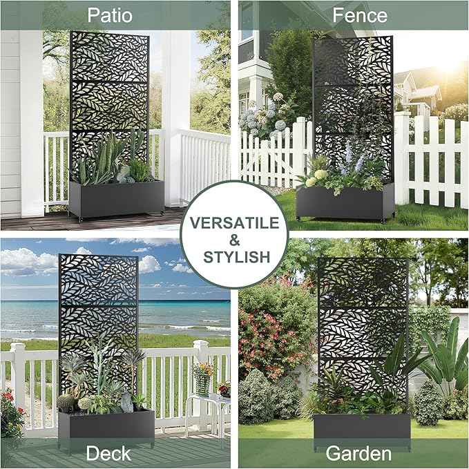 Metal Standing Planter Box with Trellis Privacy Planter for Patio Outdoor Raised Garden Beds with Trellis for Climbing Plants Garden Boxes with Wheels &amp Drainage Holes (35L Black Spring)