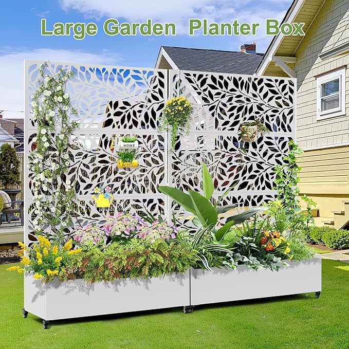 Raised Garden Bed with Trellis and Wheels73x47x16 Metal Raised Garden BedWhite Flowing Leaf-2 Metal Planter with Climbing Trellis for Vines &amp Vegetables