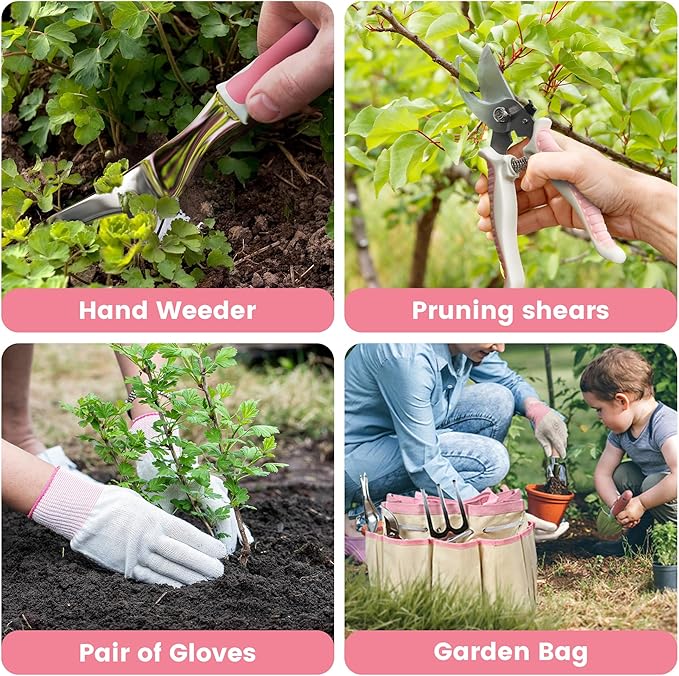 Garden Tools 8 Piece Gardening Tools with Bag Heavy Duty Stainless Steel Garden Tools Set Outdoor Hand Tools Ideal Garden Tool Kit Gifts for Women Pink.