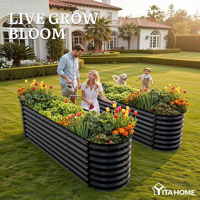 YITAHOME 24 Tall 9 in 1 Raised Garden Bed Kit96x24 in Large Galvanized Metal Planter Box with Gloves Safety Rubber &amp Support Rod Outdoor Flower Bed for Plants Vegetables Flowers Black