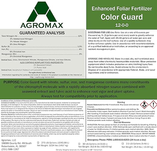 12-0-0 Color Guard (2.5 Gallons) by AGROMAX – Liquid Nitrogen Fertilizer with Chelated Iron &amp Micronutrients