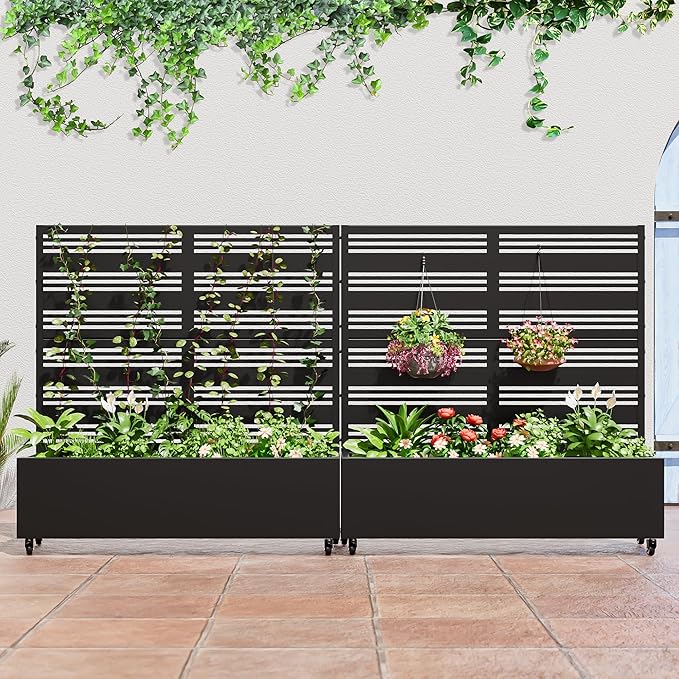 Casaphoria Metal Raised Garden Bed with Trellis and Wheels 47x47x16 Planter Box for Climbing Plants Vegetables &amp Vines Features Drainage Holes and Privacy Screen (Black-Harold)