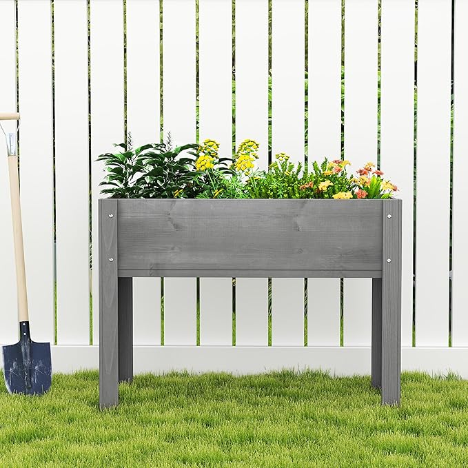 Raised Garden Bed with Legs 40x20x31 Outdoor Wood Elevated Planter Box Grey Cedar Thick Legs w/Liner