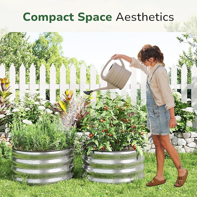 GreatBuddy 2x2x1 ft Round Galvanized Raised Garden Bed Easy-Assembly Raised Bed with Anti-Cut Gloves &amp Tools Rust-Proof Garden Bed for Outdoor Vegetables Herbs Small Trees Silver